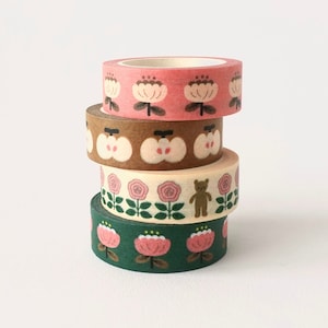 Floral Washi Tape, Pink Floral Washi Tape, Bullet Journal Washi Tape, Bear Decorative Tape, Cute Retro Washi Tape Set of 4 (1 Each)