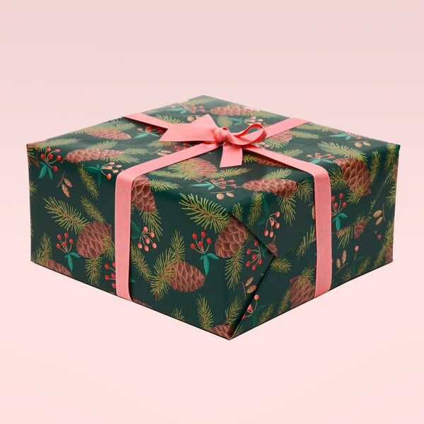 Dark Green Christmas Wrapping Paper, Pine Cone Wrapping Paper