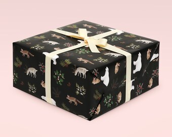 Black Christmas Wrapping Paper, Holiday Wrapping Paper, Woodland Animals, Christmas Gift Wrap, Holiday Gift Wrap