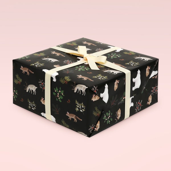 Black Christmas Wrapping Paper, Holiday Wrapping Paper, Woodland Animals, Christmas Gift Wrap, Holiday Gift Wrap