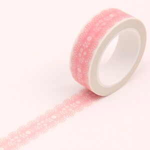 Pink Lace Floral Washi Tape, 15mm Pink Tape, Wedding Gift Washi Tape, Blush Pink Washi Tape image 2