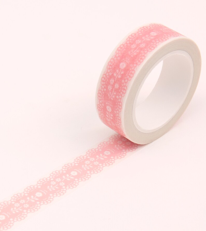 Pink Lace Floral Washi Tape, 15mm Pink Tape, Wedding Gift Washi Tape, Blush Pink Washi Tape image 2