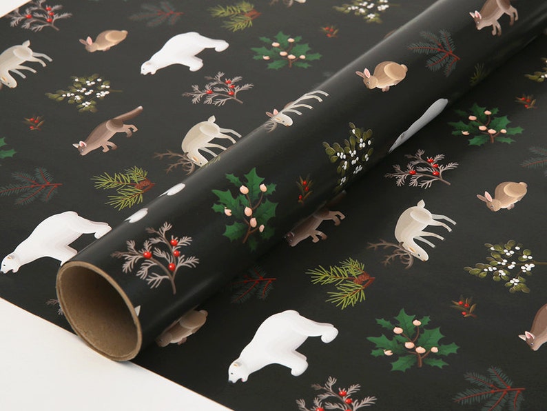 Christmas Gift Wrap Black Christmas Wrapping Paper Holiday Wrapping Paper Woodland Animals Holiday Gift Wrap