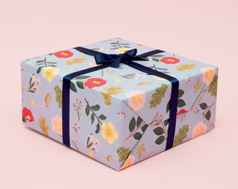 Dusty Blue Floral Wrapping Paper, Floral Birthday Gift Wrap