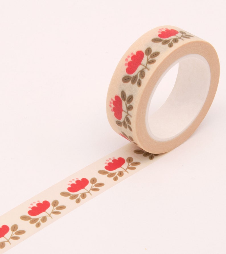 Red Floral Washi Tape, Flower Bullet Journal Washi Tape, Cute Red Washi Tape image 2