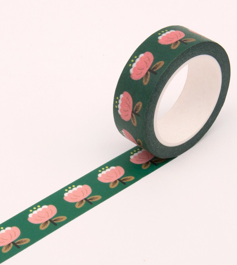 Floral Washi Tape, Pink Floral Washi Tape, Bullet Journal Washi Tape, Bear Decorative Tape, Cute Retro Washi Tape Green Floral