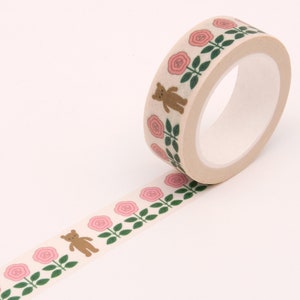 Floral Washi Tape, Pink Floral Washi Tape, Bullet Journal Washi Tape, Bear Decorative Tape, Cute Retro Washi Tape Floral Bear