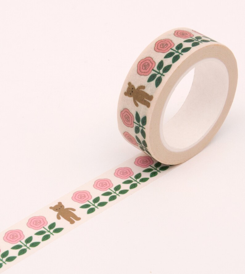 Floral Washi Tape, Pink Floral Washi Tape, Bullet Journal Washi Tape, Bear Decorative Tape, Cute Retro Washi Tape Floral Bear