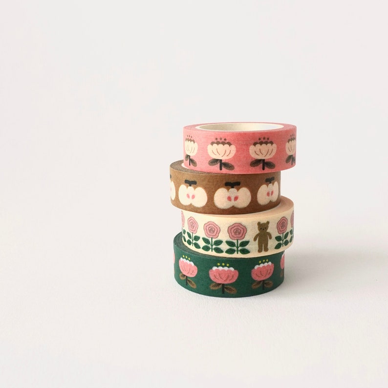 Floral Washi Tape, Pink Floral Washi Tape, Bullet Journal Washi Tape, Bear Decorative Tape, Cute Retro Washi Tape Set of 4 (1 Each)