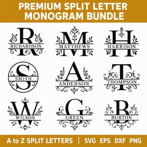 May include: A digital collection of nine black split letter monograms featuring ornate floral flourishes and names like Richardson, Matthews, Harrison, Smith, Anderson, Thompson, Wilson, Green, and Burton. The text reads PREMIUM SPLIT LETTER MONOGRAM BUNDLE.
