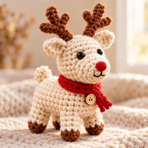 May include: A crocheted reindeer figurine made of cream-colored yarn with brown antlers and hooves. The reindeer features a bright red nose, black bead eyes, and a red crocheted scarf around its neck, which is fastened with a small, round wooden button.