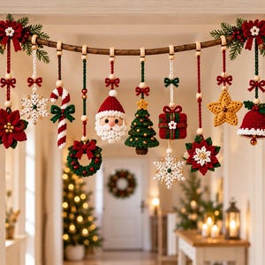 Peut inclure: Une guirlande de Noël décorative composée d'une branche en bois incurvée ornée de divers ornements au crochet, notamment un Père Noël, un sapin, une canne en sucre, des flocons, un cadeau, une étoile, une cloche, une couronne et des poinsettias.