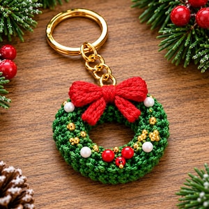 Christmas Wreath Keychain Crochet Pattern PDF, Mini Crochet Wreath with Red Bow, DIY Holiday Bag Charm, Digital Download
