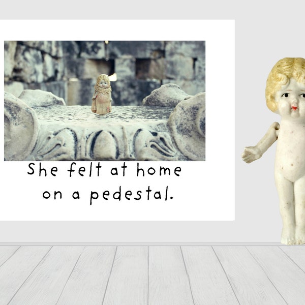 Traveling China Doll Card Claudia "She Felt At Home On A Pedestal" Antique Dolly Notecard