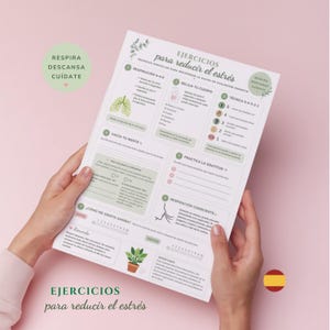Ejercicios para reducir el estrés (Español) | PDF imprimible | Hoja de autocuidado | Técnicas de relajación | Bienestar mental