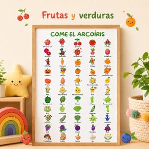 Puede incluir: Un póster educativo enmarcado titulado "Frutas y verduras" y "COME EL ARCOÍRIS" que presenta una cuadrícula de ilustraciones coloridas estilo caricatura de varias frutas y verduras, cada una etiquetada con su nombre en español.