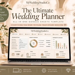 Puede incluir: Una plantilla digital de planificador de bodas en Google Sheets mostrada en una pantalla de portátil. La interfaz presenta un panel con detalles de la boda, resumen de presupuesto, gráficos de gastos, cuenta atrás, tareas y lista de invitados.