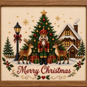 May include: A framed cross-stitch embroidery featuring a central nutcracker standing before a decorated Christmas tree, flanked by two reindeer and wrapped gifts. A house, a street lamp, and the text Merry Christmas are included.