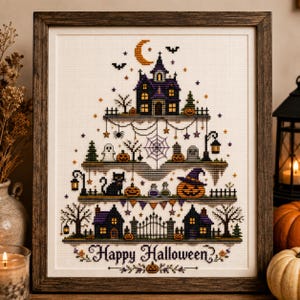 Peut inclure: Une broderie au point de croix encadrée représentant une scène d'Halloween à plusieurs niveaux avec une maison hantée, un chat noir, des citrouilles, une toile d'araignée et des fantômes. Le texte "Happy Halloween" est brodé en bas.