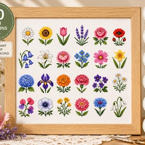 Mini Flowers Cross Stitch Pattern Bundle | 20 Beginner Floral Designs | Instant Download PDF Sampler Chart with DMC Guide