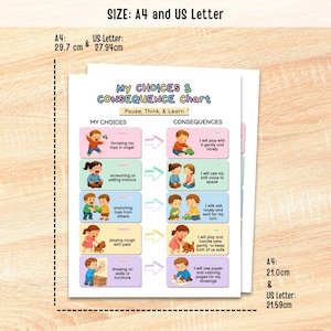 May include: A My Choices & Consequence Chart educational poster featuring illustrations of children and text. It lists behaviors like throwing toys and drawing on walls, with positive alternatives. Dimensions are 8.27 x 11.69 inches for A4 and 8.5 x 11 inches for US Letter.
