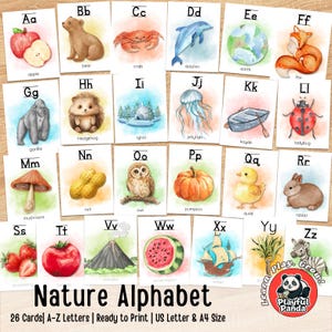 May include: A set of 26 educational alphabet cards titled Nature Alphabet, each featuring a letter from A to Z paired with a watercolour illustration of an animal, plant, or object, including an apple, bear, crab, dolphin, earth, fox, and zebra.