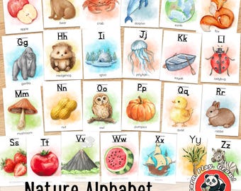 Nature Alphabet Flashcards, Watercolor Illustrations, Letter Recognition, Phonics Practice, Alphabet Cards for Kids, 2 years old above