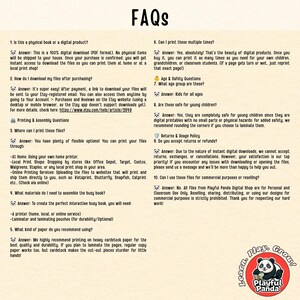 May include: A beige informational document titled FAQs containing ten numbered questions and answers regarding digital product downloads, printing instructions, material recommendations, safety, and usage policies, featuring a panda logo.