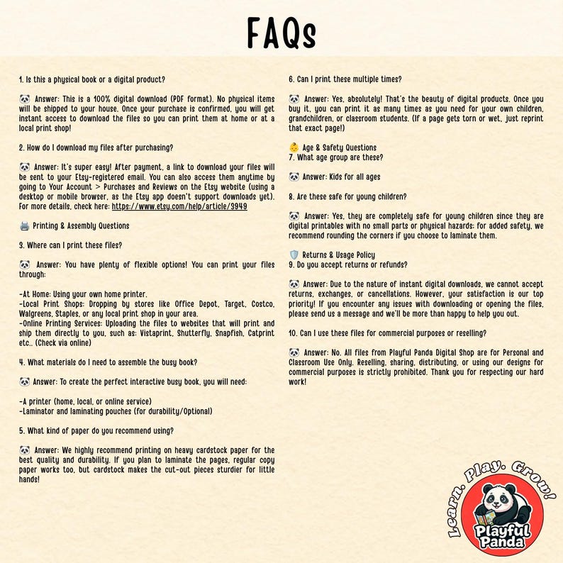 May include: A beige informational document titled FAQs containing ten numbered questions and answers regarding digital product downloads, printing instructions, material recommendations, safety, and usage policies, featuring a panda logo.