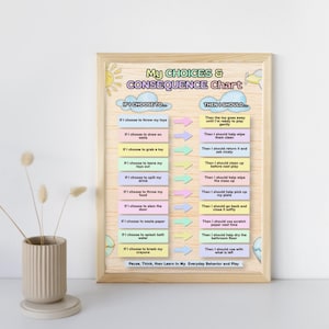 May include: A framed My Choices & Consequence Chart poster with a light wood grain background. The chart features colourful rectangular boxes with text describing behavioural choices and consequences, connected by arrows, with a sun and plane icon.