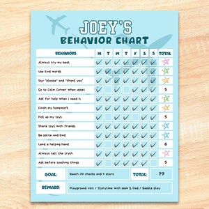 May include: A light blue behaviour chart titled Joey's Behaviour Chart with aeroplane graphics. It features a grid for tracking daily tasks like Always try my best and Use kind words, with columns for days of the week, checkmarks, and star icons.