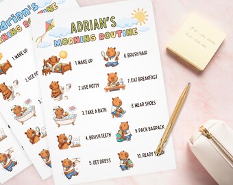 Morning Routine Chart for kids, Editable Template, Capybara Design, Visual Schedule, Preschool Homeschool Poster, Autism SPED Support