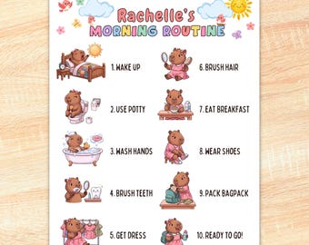 Printable Routine Chart for Girl kids With Girl Capybara Design Editable Template using Canva Visual Checklist To Do List