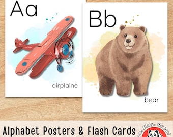 Alphabet Posters and Flash Cards, Large Format for Classroom Use, Card Format for Student Use, Watercolor Theme, Printable Instant Download