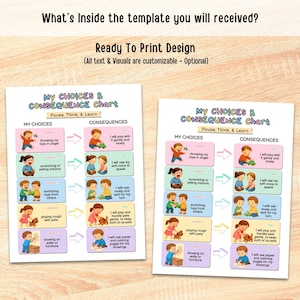 May include: Two My Choices & Consequence Chart templates featuring colorful illustrations of children. The charts include text sections titled My Choices and Consequences, with arrows connecting behaviors like throwing toys to positive alternatives.