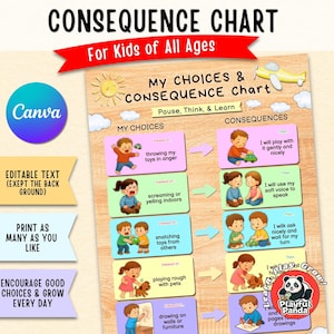 May include: A My Choices & Consequence Chart poster featuring illustrations of children and text. The chart includes sections for choices and consequences with headings like Pause, Think, & Learn, and includes a yellow airplane and sun graphic.