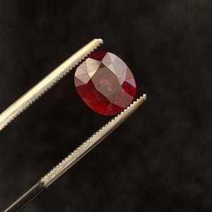 May include: A faceted, oval-shaped deep red gemstone held by a pair of silver-toned metal tweezers. The stone displays a translucent quality with visible internal inclusions and a polished surface that reflects light across its multiple cut facets.