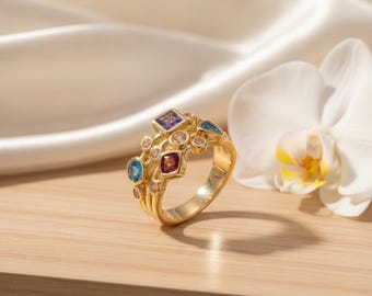 Vintage geometrischer Zirkonia-Ring für Damen – 18 Karat vergoldeter Kupferring, Art-déco-Statement-Ring, luxuriöses Geburtstagsgeschenk für Sie