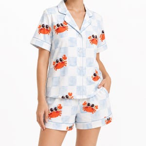 Crab Print Sleepwear, Blue Checker Pattern, Women's Pajama Set, Coastal Ocean Nightwear