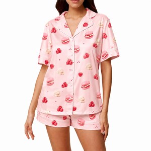 Pink Raspberry Macaron Pajama Set, Satin Button Up Sleepwear, Dessert Print PJ Set
