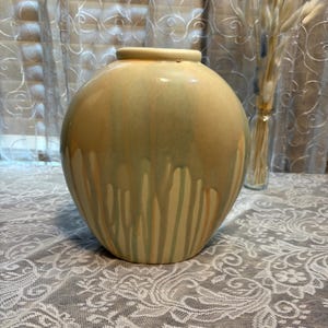 MAR-KEL Art Pottery Vase Sage Green Tan Drip Glaze Large 10.75"