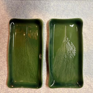 Vintage Signed K Westman Pottery Pine Needle Green Stoneware Trays Hostess Set of 2