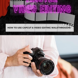 Könnte beinhalten: Eine digitale Grafik mit dem Text MASTER VIDEO EDITING in Neonpink, einem Filmrollen- und Filmklappen-Symbol. Darunter zeigt ein weißes Banner den Text HOW TO USE CAPCUT & VIDEO EDITING WALKTHROUGHS. Eine schwarze DSLR-Kamera mit Objektiv.