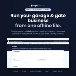 May include: A digital interface for Orya Garage & Gate Manager, an HTML application for business management. The screen displays a quote creation form with fields for client and project details, set against a dark blue background with white text.