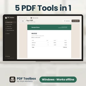 Op de afbeelding: Een laptopscherm met de interface van de PDF Toolbox-software en een voorbeeldfactuur. De software heeft een donkere zijbalk met hulpmiddelen voor samenvoegen, verkleinen, pagina's rangschikken en ondertekenen. Tekst: 5 PDF Tools in 1.