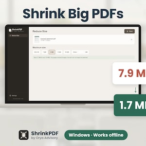 Peut inclure: Un écran d'ordinateur affiche l'interface du logiciel ShrinkPDF avec un outil de réduction de fichiers. L'écran présente des options de taille maximale, dont 500 KB, 1 MB, 2 MB, 5 MB et 10 MB. Deux encadrés indiquent une réduction de 7.9 MB à 1.7 MB.