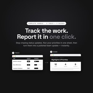 May include: A digital product bundle featuring two tools and three guides. The text reads: Complete bundle, 2 tools, 3 guides. Track the work. Report it in one click. Stop chasing status updates. Run your priorities in one sheet, then turn them into a polished team update—instantly. Includes a track table and a share dashboard.