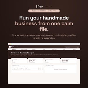 May include: A digital interface for the Orya Advisory business system, an HTML app for managing handmade businesses. The dashboard displays metrics like open orders, income, material alerts, and stock value, with text detailing offline functionality.