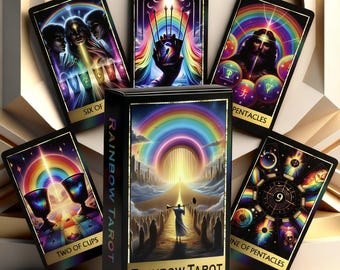 May include: A deck of Rainbow Tarot cards featuring a black box with the text Rainbow Tarot and a central image of a figure walking toward a rainbow. Surrounding cards display colorful illustrations including Six of Cups, Two of Cups, and Nine of Pentacles.