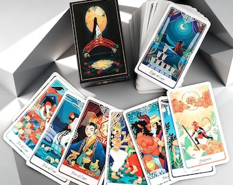 May include: A deck of tarot cards featuring colorful illustrations of figures and scenes, including the Eight of Cups, Six of Cups, Five of Cups, Four of Cups, Two of Cups, and Judgement. The box displays a figure on a red bridge under a full moon.